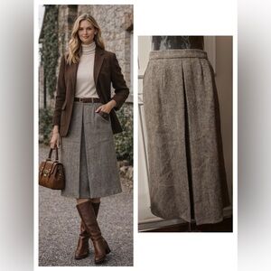 Vintage Tweed Midi Skirt Size 6 Gray Tan Tailored Classic Quiet Luxury